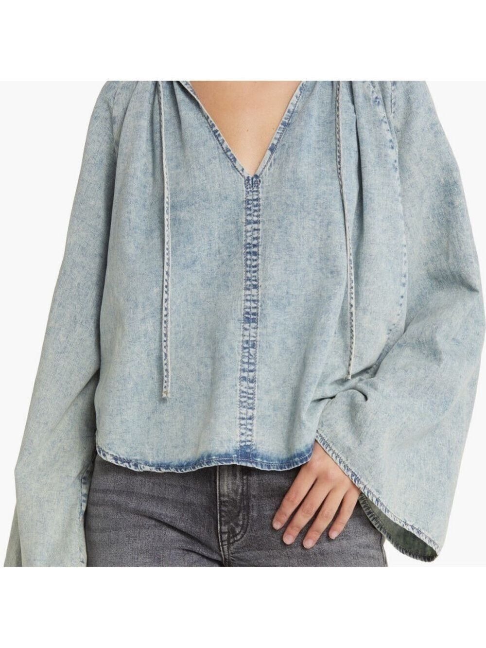 Frame Denim Light Blue Washed Denim Tie-Neck Blouse